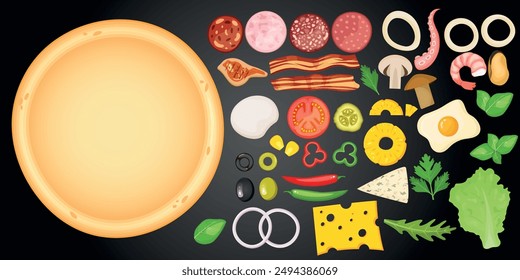 Vector image of pizza constructor. Dough, bacon, sausage, cheese, seafood, cheese, vegetables. Food and fast food concept. Element for your design.