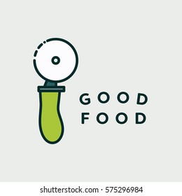 Vector image of pizza cutter with text good food against white background