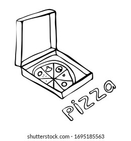 Vector image of pizza.  Doodle style image.  Quarantine food delivery.  Children's coloring.  for the design of the pizzeria menu, sticker packs and printing on t-shirts.