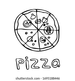 Vector image of pizza.  Doodle style image.  Quarantine food delivery.  Children's coloring.  for the design of the pizzeria menu, sticker packs and printing on t-shirts.