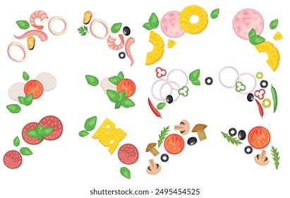 Vector image of pizza ingredients. Food for cafe and restaurant. Element for your website design, banners and advertising. Place for your text