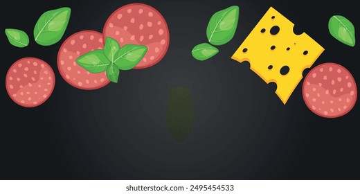 Vector image of pizza ingredients. Food for cafe and restaurant. Element for your website design, banners and advertising. Place for your text