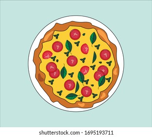 Vektorillustration Bild von Pizza margherita mit Käse, Basilikum Blätter, Oregano und Tomatenscheiben.