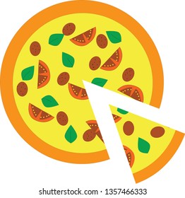 vector image of pizza with pepperoni, tomatoes and Basil and a nearby slice of pizza