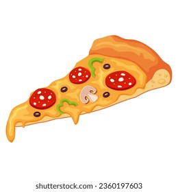 Vector image of pizza with salami, wig and olives. A slice of Italian pizza isolated on a white background. A slice of pizza to advertise your restaurant business.