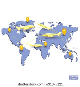Vector image. Planes are flying over the map of the world. Traveling through the air.