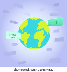 vector image of a planet with bubbles of messages, communication at a distance