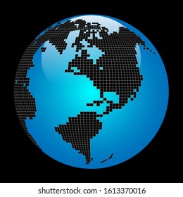 Vector image - planet earth in blue on a black background with black continents from mosaic.