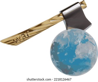 vector image of the planet earth cut into 2 parts by an ax of war. The concept of the destructive effect of war.
