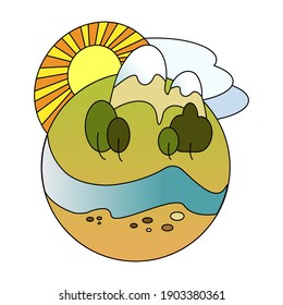 El vector con la imagen del planeta Tierra con montañas, ríos, árboles, sol y nubes, puede ser utilizado como pegatina e icono. El turismo, el clima, la ecología y la época del año.
