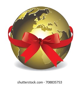 vector image. Planet Earth with red ribbon.