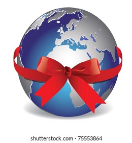 vector image. Planet Earth with red ribbon.
