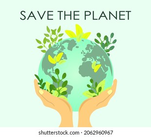 Vector image of the planet in female hands. Concept of love for nature, protecting the planet