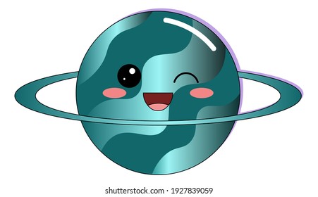 Vector image of the planet Uranus with an emoji face in cartoon style, on a white background.