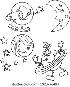 vector image of the planets in the form of funny cartoon characters for children's creativity, books for coloring