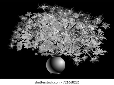 Vector image of a plant in a round vase on a black background