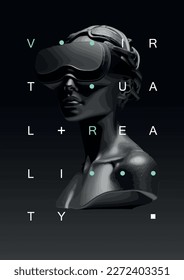 Imagen vectorial de la estatua de yeso de una chica con gafas de realidad virtual. Objetos pseudo 3d para plantillas, ejemplo, ideas, afiches y banners