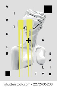 Vector image of plaster statue of a girl in virtual reality helment. Pseudo 3d objects for creative template, ideas, posters and banners