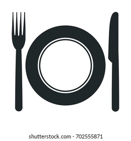 A vector image of a plate with a knife and fork.