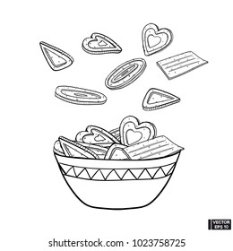 Vector image. A plate with sugar cookies. A set of cute biscuits. Sketch hand draw
