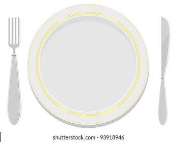 Vector image  plates with a gold rim with a fork and knife