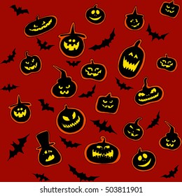 Vector image of playful pumpkin scary grim black bats Halloween