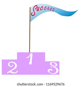 vector image of the podium with numbers 1,2,3. In the first place is a flag with the inscription Success
