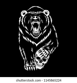 Vector image of a polar bear with a skull on a black background.