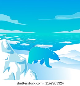 vector image of a polar bear walking on white snow, glacier, against the sea with ice