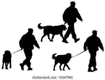 Vector image of police man with a dog on a leash