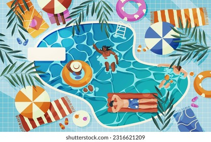 Vector image of pool recreation, swimming. Clipart for hotel or villa resort. Water leisure card. Top view for flat recreation poster. Outdoor summertime party at lounge. Tropical poolside. Vacation