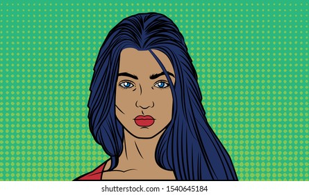 Vector image in pop art style. A girl with red lips and black and blue hair.