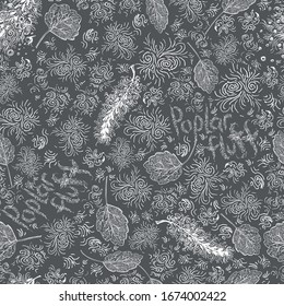 Vector image of poplar fluff and poplar leaves on a dark green background among several inscriptions "poplar fluff"