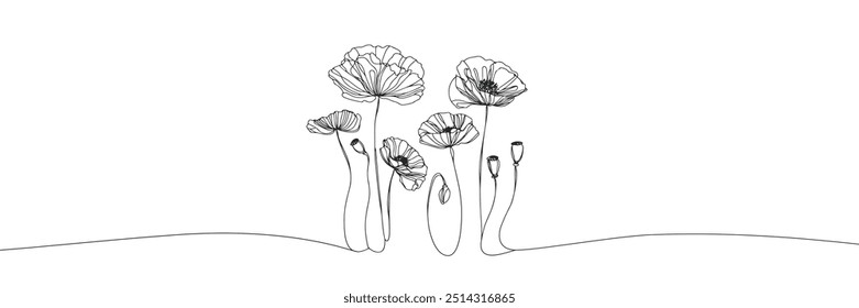 imagem vetorial de flores de papoula em estilo de linha única sobre fundo branco 
