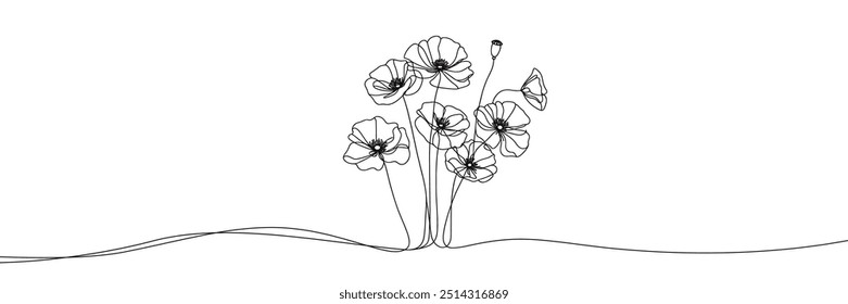 vector image of poppy flowers in single line style on white background 