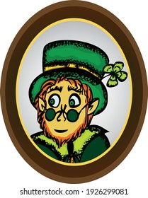 Vector image of portrait cheerful cartoon leprechaun in oval picture frame