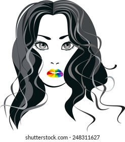 vector image portrait of a girl with lips the color of the rainbow