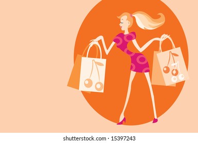 vector image of posing girl after shopping