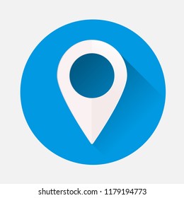 Vector image  positioning on the map. Mark icon. Flat icon location drop pin on blue background. Flat image positioning with long shadow. Layers grouped for easy editing illustration. For your design.