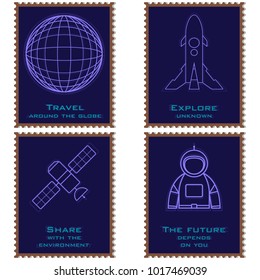 Vector image of postage stamps depicting a planet, an astronaut, a spaceship and a satellite with motivational words. Flat. Isolated