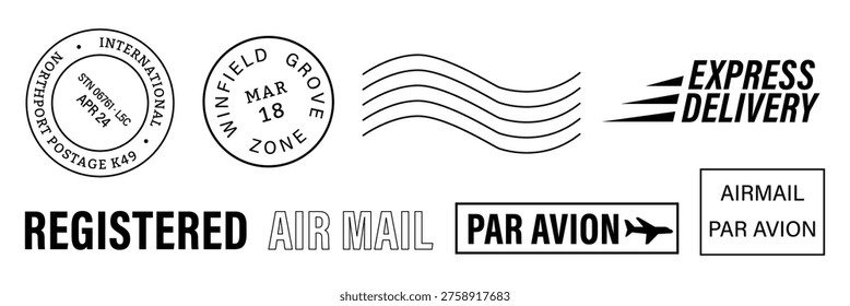 Vector image of postal stamps and delivery icons, including express delivery, registered, and airmail designs with wavy lines and circular stamps.
