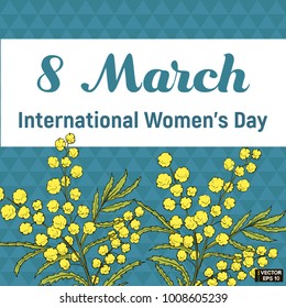 Vector image. Postcard 8 March. Blue background triangles and yellow flowers. Congratulation International Women's Day.