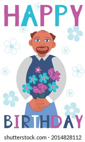 Vector image of postcard congratulation happy birthday. A man gives a bouquet of flowers. Romantic moment