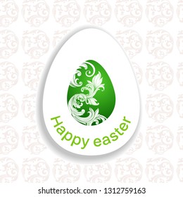 Vector image. Postcard Happy Easter. An elegant Easter egg decorated with patterns and scrolls.