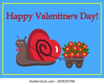 
Vector image, postcard to Valentine's Day February 14. Poster, postcrossing. Snail, flowers.