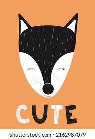 Vector image of the poster with fox and the inscription cute on orange background. Hand-drawn children black and white scandinavian illustration. The concept of print, clothing, nursery, cards, banner