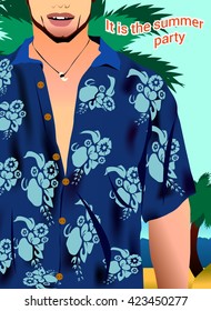 Vector image of a poster with a man in a Hawaiian shirt with a blue summer beard who smiles and is going to the party, with the text and palm trees in the background.