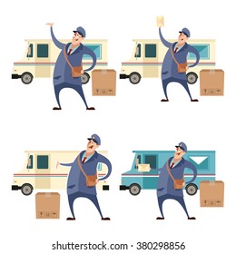 Vector image of a postmans with boxes and cars1