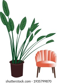 vector image of a potted house plant and an upholstered chair on a white background