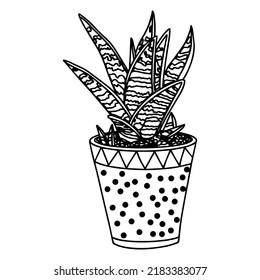 Imagen vectorial de una casa maceta con decoración en negro sobre fondo blanco en estilo doodle